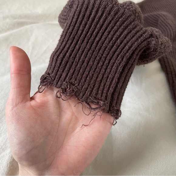 brown turtleneck sweater with distressing on sleeves and neck - Picture 3 of 4